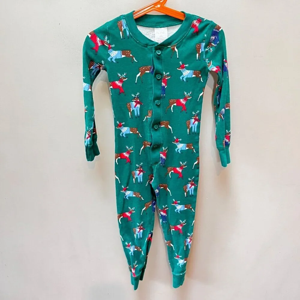 Mini Boden‎ Kids Festive Reindeer Print Green Button-Up Pajamas Size 4Y 104cm